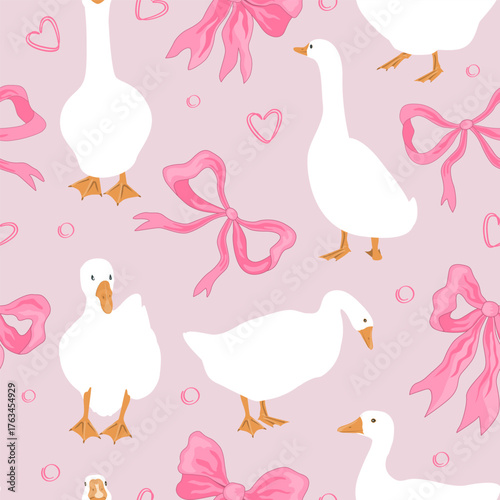 Seamless pattern with pink bows and geese birds. Cute nursery and girly background. Vector illustration