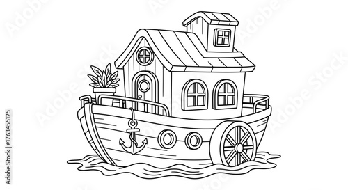 Fun Houseboat Coloring Sheet for Kids Watercraft Floating Home Activity Art