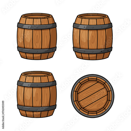 Wooden barrels set showing top view cartoon style