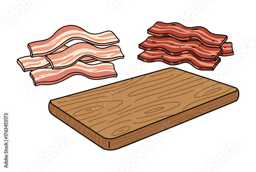 Cooking with raw and cooked bacon slices on cutting board