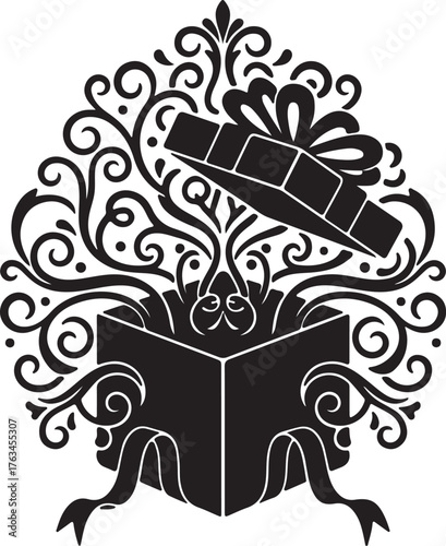 A decorative, ornate black silhouette of an opened gift box, with ribbons flowing outward, surrounded by elaborate floral swirls and flourishes, evoking celebration and surprise