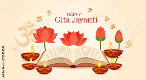 Sacred Hindu festival concept for Gita Jayanti with an open holy book, illuminated oil lamps, and lotus blossoms on a decorative background