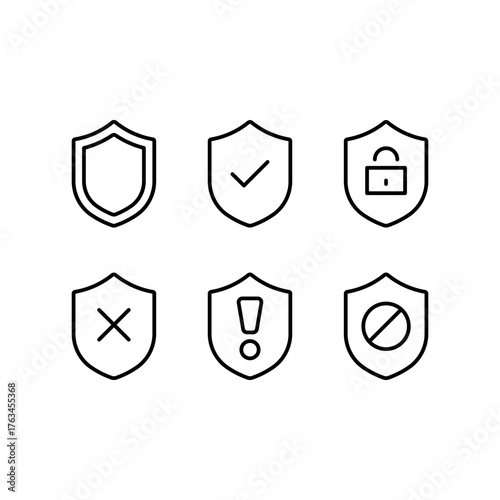 Security Shield Icons Set. Protection, Privacy, Safety Symbols in Line Style. Editable line icon set