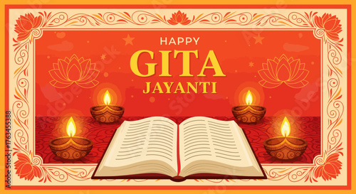 Decorative banner for the Hindu celebration of Gita Jayanti, showcasing the sacred scripture with illuminated diyas and lotus flowers on a festive background