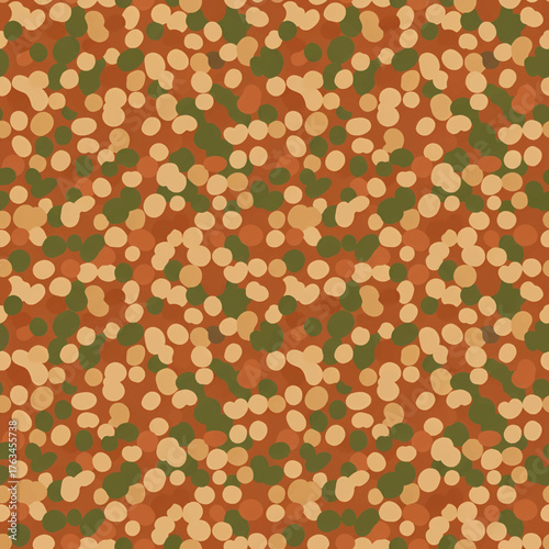 A seamless pattern of irregular dots in earthy tones of orange, brown, and green.