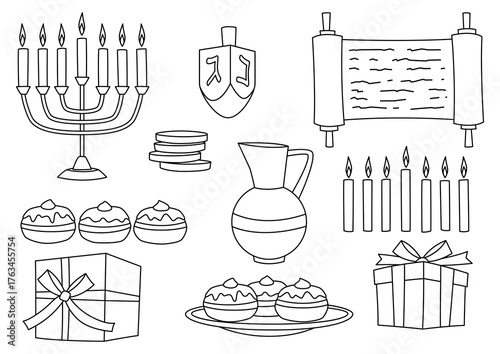 Set of Happy Hanukkah objects. Illustration of holiday religious symbols.