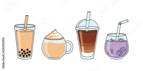 Assortment of refreshing beverages including bubble tea and iced coffee