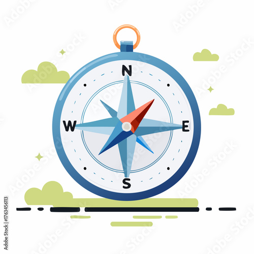 Compass Illustration with Directional Indicators and Clouds.
