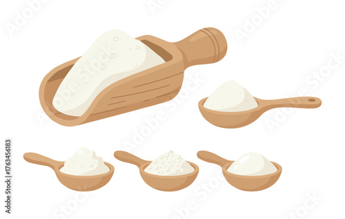 Wooden scoops and spoons holding cooking ingredients set