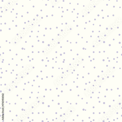 A minimalist seamless pattern of small, randomly scattered lavender polka dots on a cream-colored background.