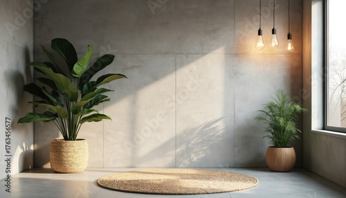 Modern minimalist room with concrete walls, large window, warm ambient light. Two vibrant green plants in woven pots, round braided rug furnish cozy space. Serene interior, with soft shadows, ideal