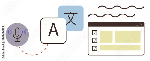 Microphone, alphabet blocks, character symbols, and interface illustration depict a language translation process. Ideal for linguistics, technology, learning, communication, AI tools global
