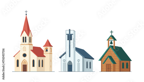 Christian churches set with crosses and bell towers