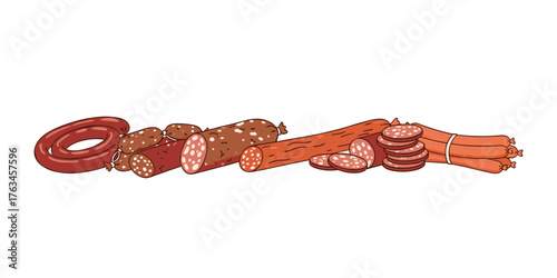 Assorted meat sausages and salami deli products illustration