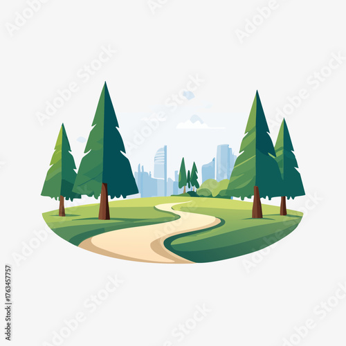 Green park with winding path and city skyline background.