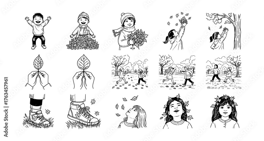 Obraz premium Children enjoying autumn: black and white sketches of playful outdoor scenes