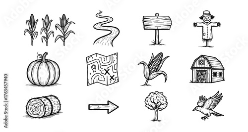 Rustic farm icons set with corn, scarecrow, and barn in hand-drawn style