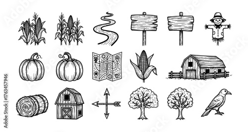 Rustic farm elements collection featuring corn, barns, and vintage signs in hand-drawn style