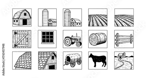 Rustic farm elements with barn, tractor, silos, and fields in black and white sketch style