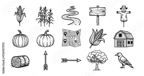 Monochrome farm quest: corn, scarecrow, pumpkins, and maze icons