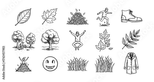 Autumn activities: people and nature with leaves in monochrome style