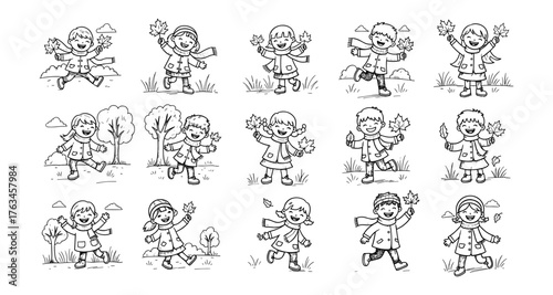 Happy kids playing with autumn leaves in hand drawn style
