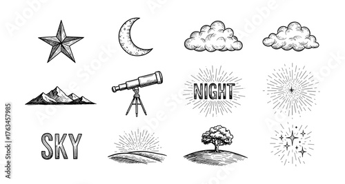 Vintage celestial and nature collection with hand-drawn elements