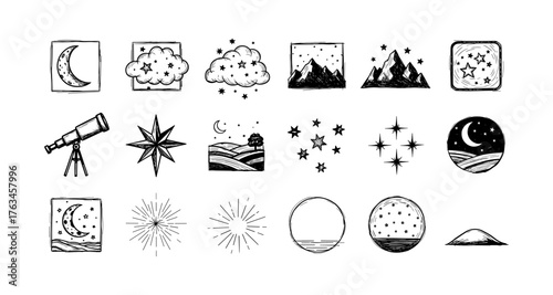 Hand drawn night sky elements with moon, stars, and mountains