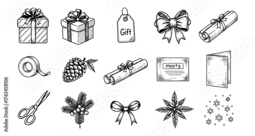 Hand drawn gift elements set for holiday decoration and crafting