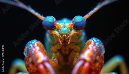 Vibrant mantis shrimp close up on black. Colorful iridescent body displays amazing detail, intricate shell. Marine invertebrate with complex eyes, powerful raptorial claws. Macro animal portrait