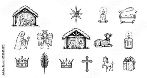 Hand drawn christmas nativity set with angels, manger, and holy symbols