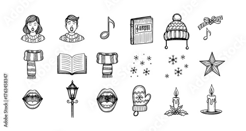 Festive black and white christmas elements featuring singers, decorations, and winter accessories