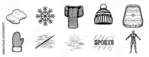 Winter sports and clothing: hand drawn collection featuring rink, snowflake, apparel, and more