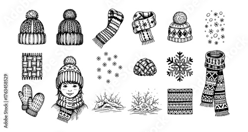 Winter apparel and snowflakes hand drawn collection