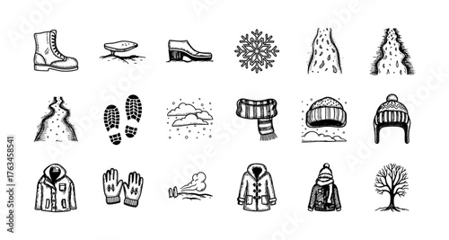 Winter essentials: hand-drawn icons featuring boots, snowflakes, and cozy apparel