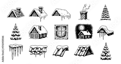 Vintage winter elements: snow-covered roofs, trees, and cozy houses