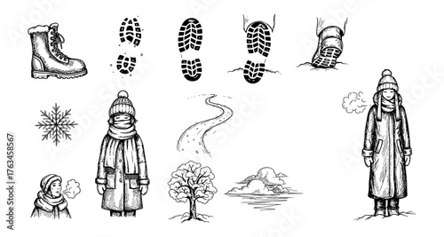 Monochrome winter elements with boots, snowflakes, and cozy characters