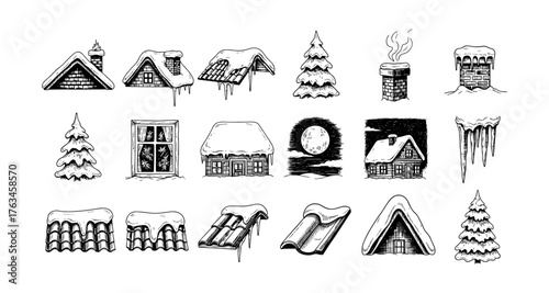 Hand drawn winter elements set with snow-covered roofs and trees