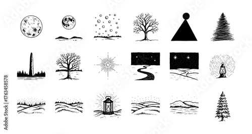 Hand-drawn winter elements with trees, landscapes, and celestial patterns