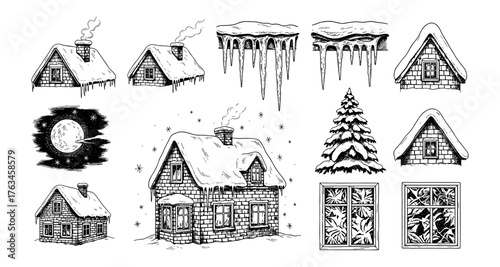 Snow-covered winter cabins and icicle elements collection in vintage style