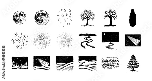 Hand drawn nature elements: moon, trees, patterns, and landscapes