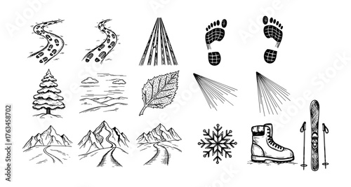 Winter activities and nature elements in detailed black and white sketches