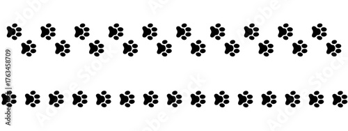 Straight trail of wet or mud pawprints of dog or cat, puppy or kitty. Borders with black paw silhouettes. Steps of running or walking animal isolated on white background. Vector graphic illustration.