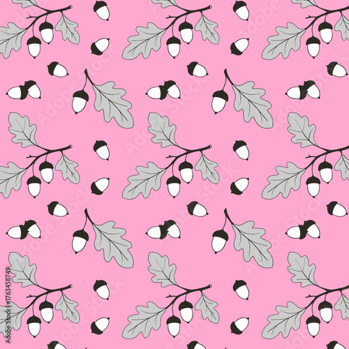 Pink pattern with oak acorns, branches and acorn nuts. Pink and gray colors.