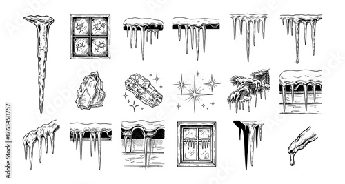 Winter elements collection: hand drawn icicles, snowflakes, and frost designs