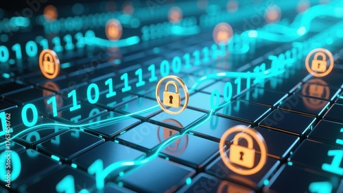 A rows of glowing binary digits with padlock icons showing data flow and system protection, data encryption concept, email security and protection concept