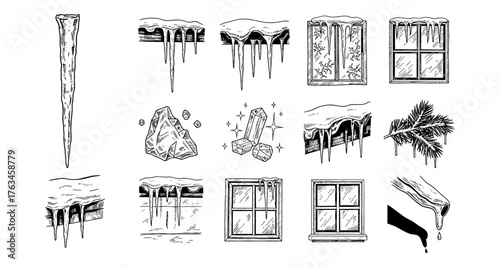 Hand drawn winter elements: icicles, windows, and snowy details