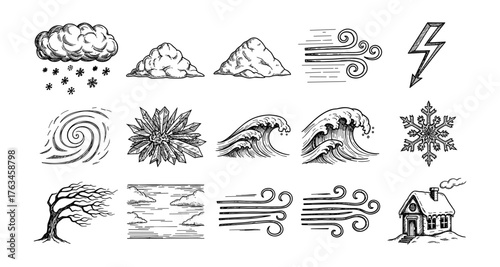 Hand drawn sketches of weather elements featuring wind, clouds, waves, and snowflake