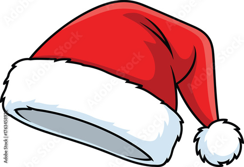 A classic red Santa hat with white fluffy trim and a pom-pom.