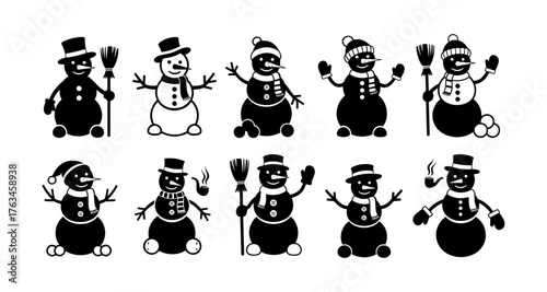 Charming snowman set in monochrome silhouette style for winter designs